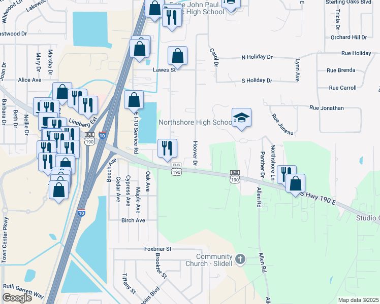 map of restaurants, bars, coffee shops, grocery stores, and more near 111 Hoover Drive in Slidell