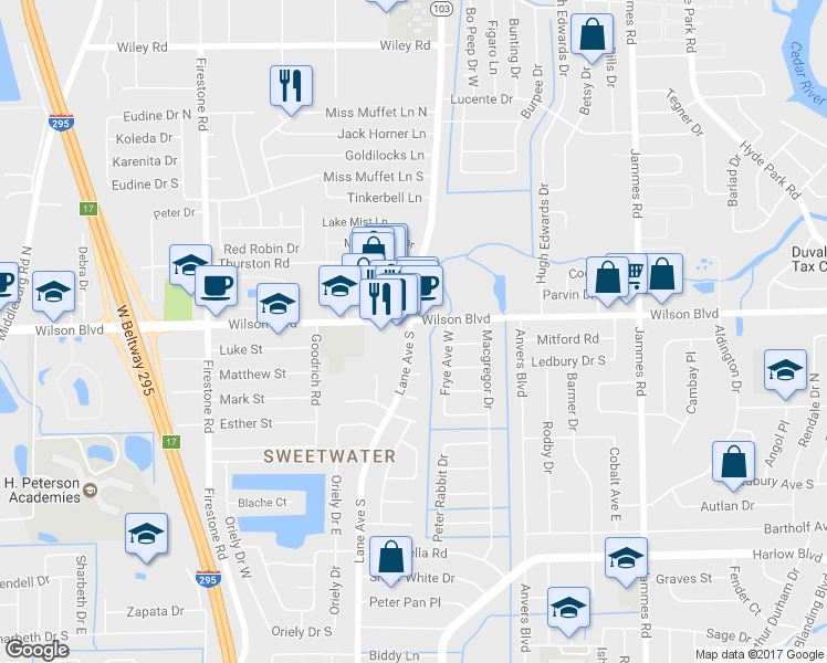map of restaurants, bars, coffee shops, grocery stores, and more near 3613 Lane Avenue South in Jacksonville