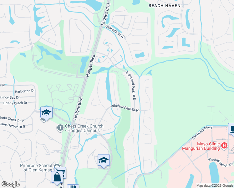 map of restaurants, bars, coffee shops, grocery stores, and more near 4063 Glenhurst Drive North in Jacksonville