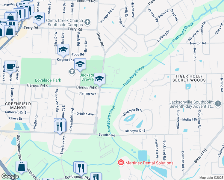 map of restaurants, bars, coffee shops, grocery stores, and more near 6775 Yvonne Lane in Jacksonville