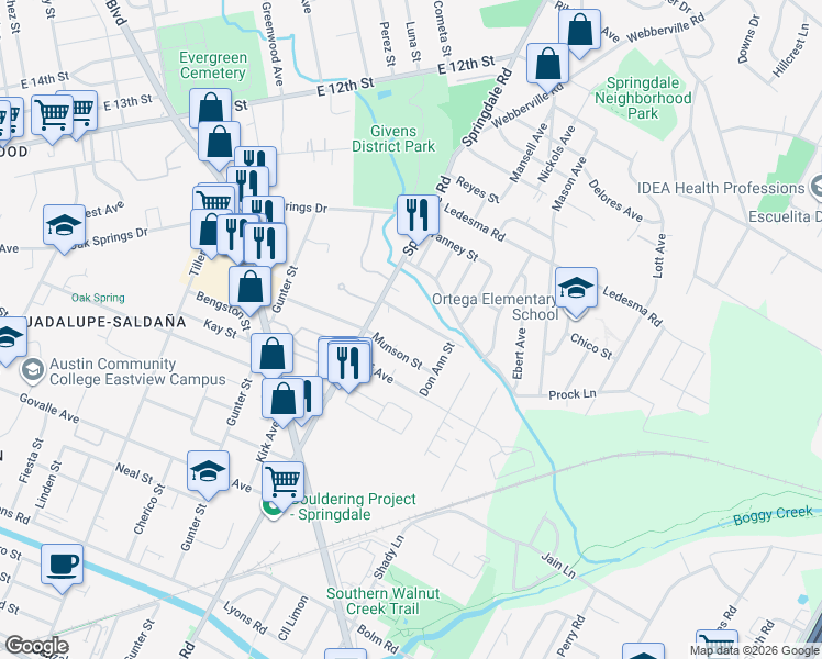 map of restaurants, bars, coffee shops, grocery stores, and more near 4710 Prock Lane in Austin