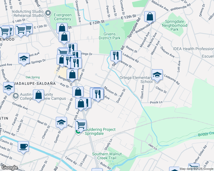 map of restaurants, bars, coffee shops, grocery stores, and more near 4609 Prock Lane in Austin