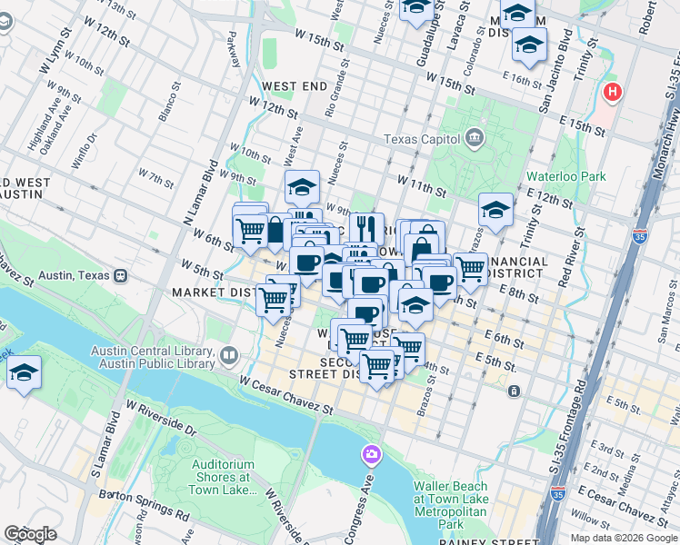 map of restaurants, bars, coffee shops, grocery stores, and more near 612 1/2 Guadalupe Street in Austin