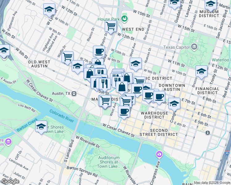 map of restaurants, bars, coffee shops, grocery stores, and more near 832 West 5th Street in Austin