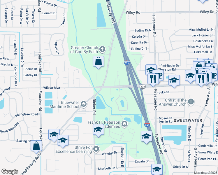 map of restaurants, bars, coffee shops, grocery stores, and more near 7450 Wilson Boulevard in Jacksonville