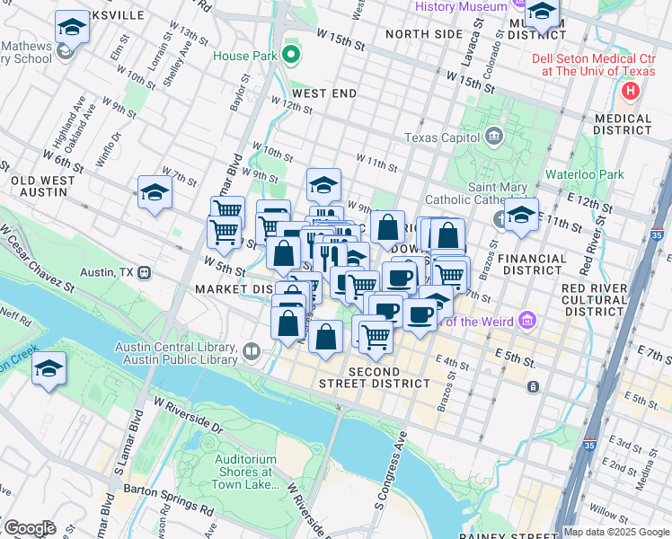 map of restaurants, bars, coffee shops, grocery stores, and more near 512 West 6th Street in Austin