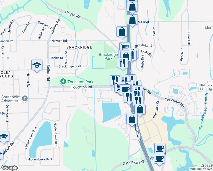 map of restaurants, bars, coffee shops, grocery stores, and more near 9745 Touchton Road in Jacksonville