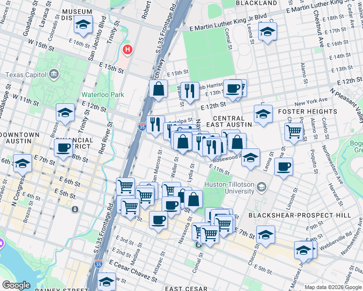 map of restaurants, bars, coffee shops, grocery stores, and more near 1023 Juniper Street in Austin