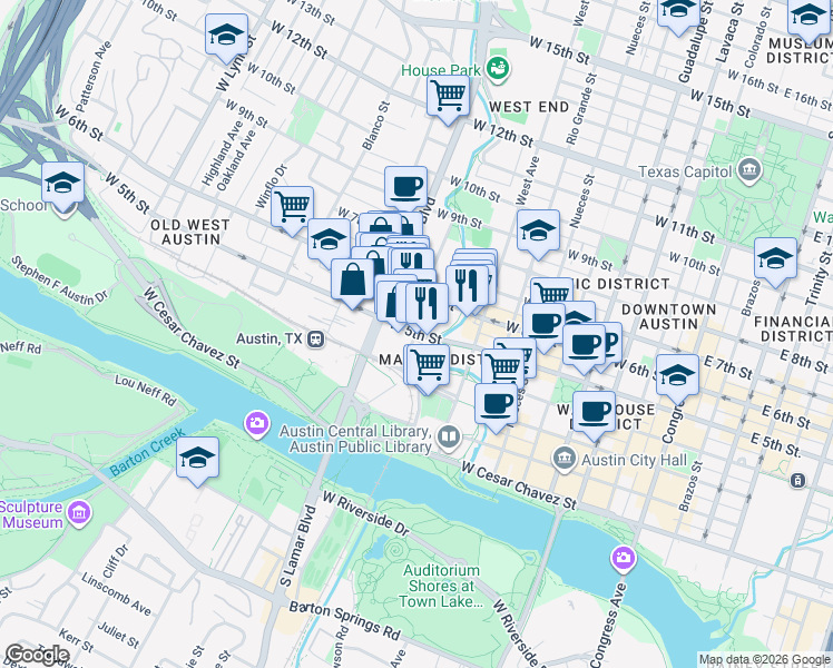 map of restaurants, bars, coffee shops, grocery stores, and more near W 5th St & Bowie St in Austin