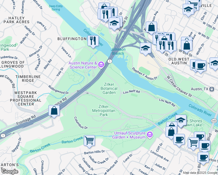map of restaurants, bars, coffee shops, grocery stores, and more near 2220 Barton Springs Road in Austin