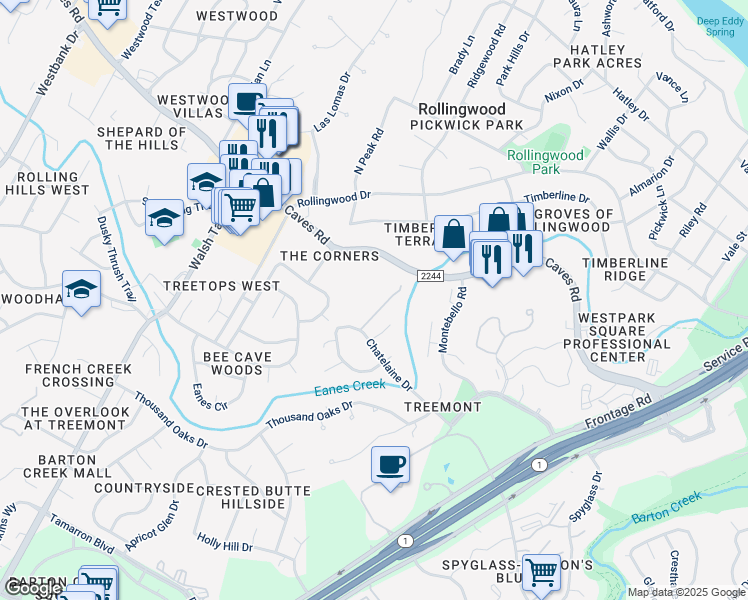 map of restaurants, bars, coffee shops, grocery stores, and more near 3001 Bee Caves Road in Austin