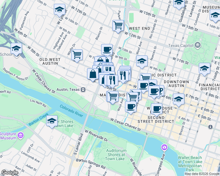 map of restaurants, bars, coffee shops, grocery stores, and more near Bowie Street in Austin