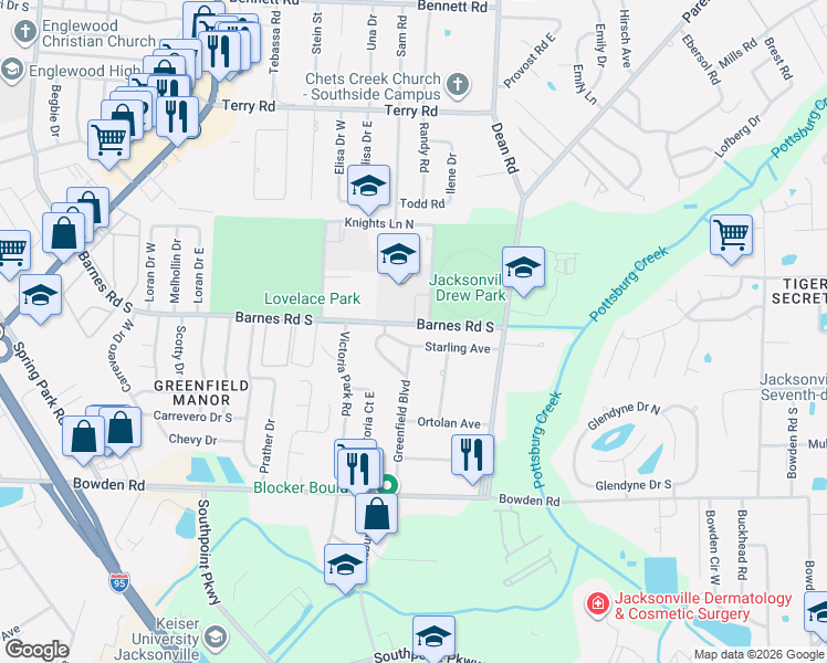 map of restaurants, bars, coffee shops, grocery stores, and more near 6421 Starling Avenue in Jacksonville