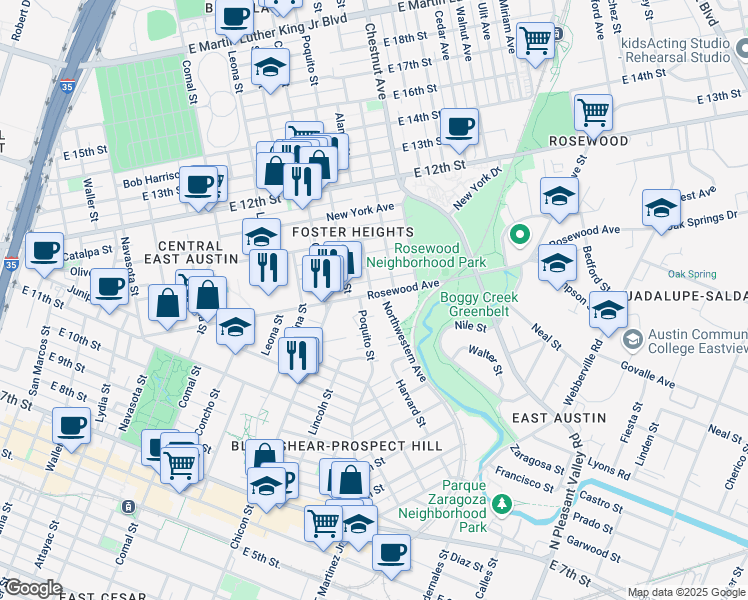 map of restaurants, bars, coffee shops, grocery stores, and more near 2006 Rosewood Avenue in Austin