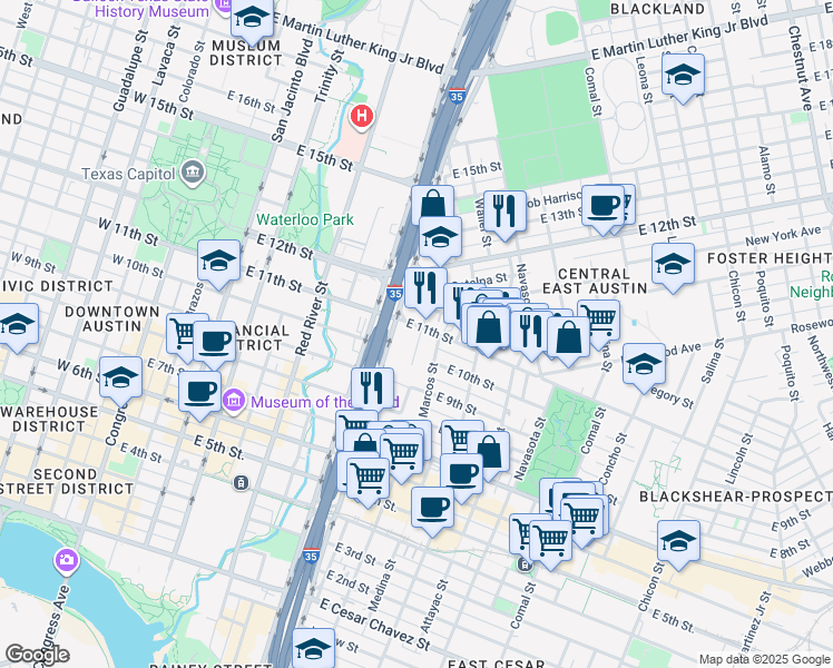 map of restaurants, bars, coffee shops, grocery stores, and more near 912 East 11th Street in Austin