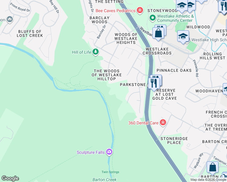 map of restaurants, bars, coffee shops, grocery stores, and more near 2021 Surrey Hill Drive in Austin