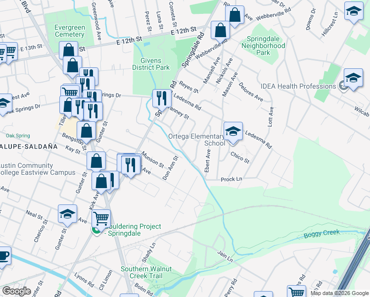 map of restaurants, bars, coffee shops, grocery stores, and more near 1107 Spur Street in Austin