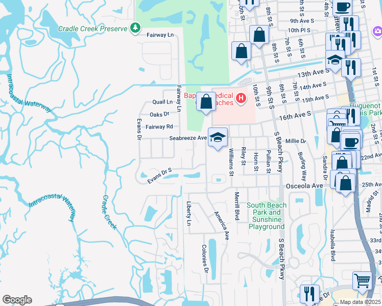 map of restaurants, bars, coffee shops, grocery stores, and more near 1604 Ocean Pond Court in Jacksonville Beach