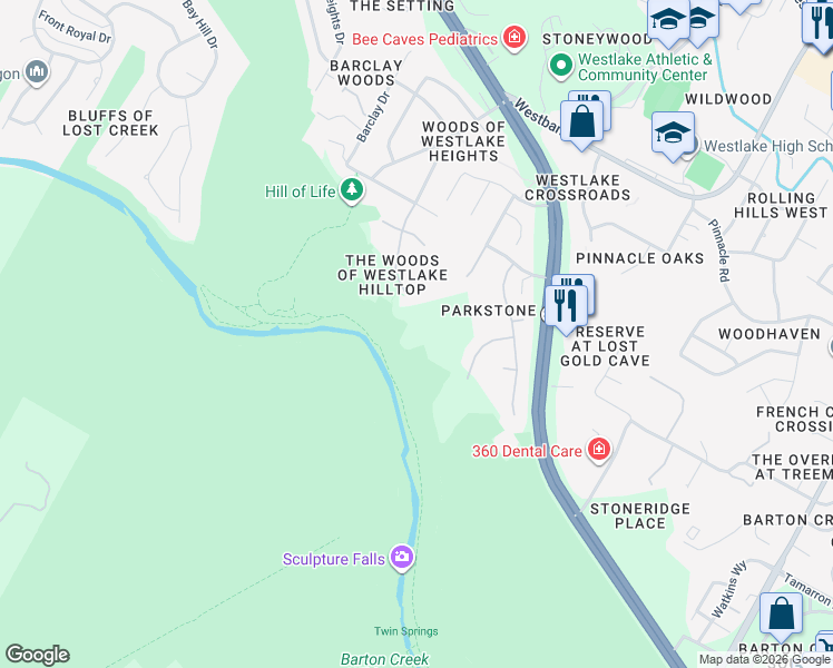 map of restaurants, bars, coffee shops, grocery stores, and more near 2021 Surrey Hill Drive in Austin