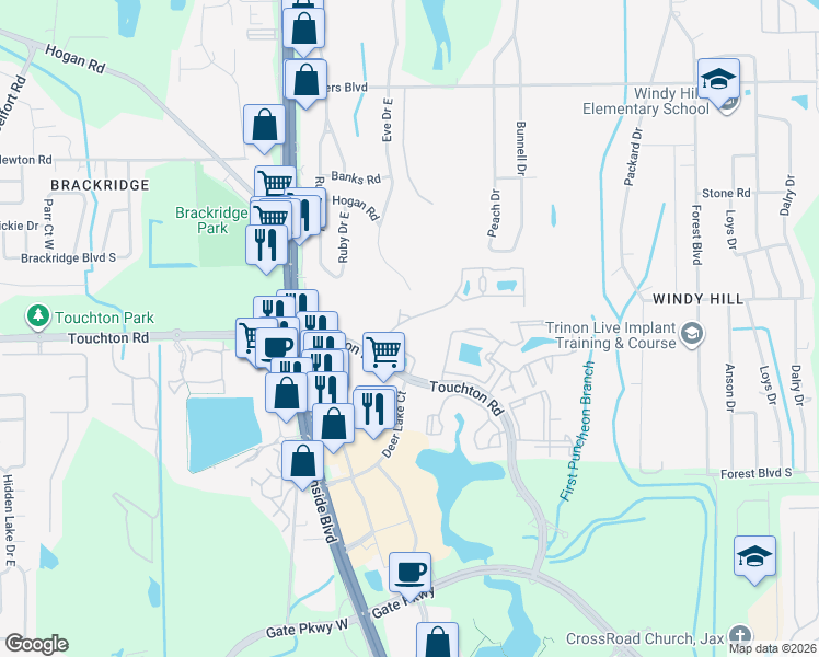 map of restaurants, bars, coffee shops, grocery stores, and more near 9727 Touchton Road in Jacksonville