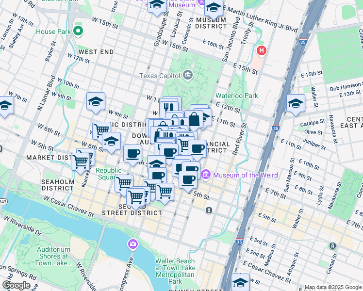 map of restaurants, bars, coffee shops, grocery stores, and more near 106 East 8th Street in Austin