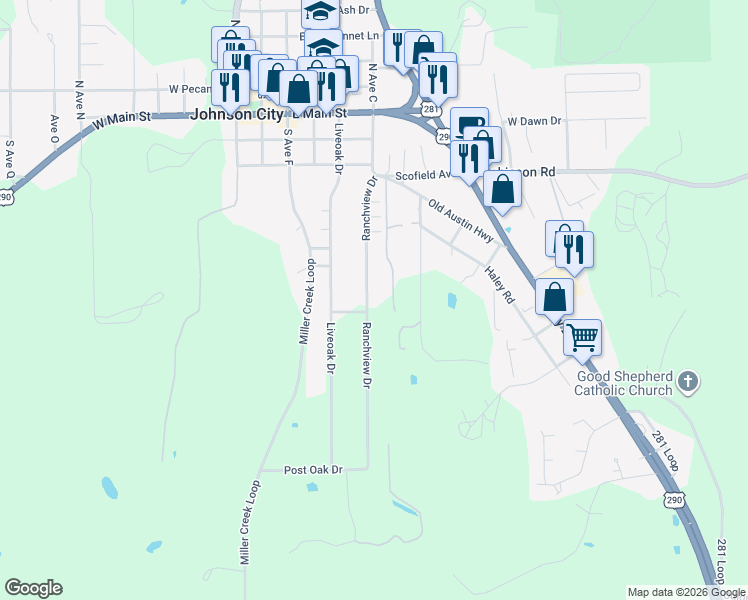 map of restaurants, bars, coffee shops, grocery stores, and more near 613 Ranchview Drive in Johnson City