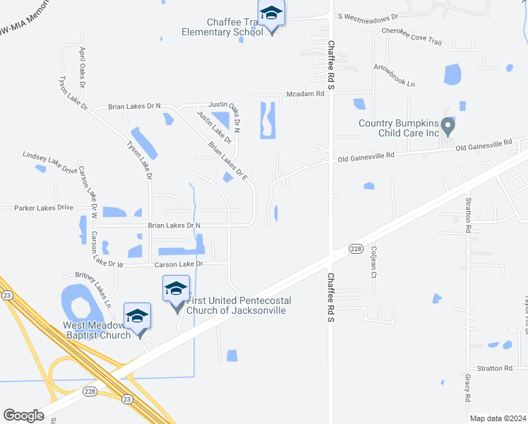 map of restaurants, bars, coffee shops, grocery stores, and more near 2594 Carson Oaks Drive in Jacksonville