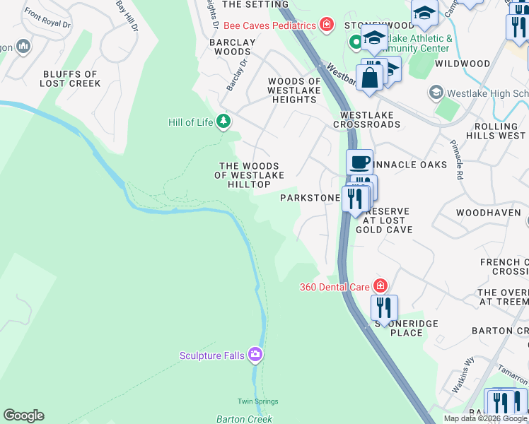 map of restaurants, bars, coffee shops, grocery stores, and more near 2021 Surrey Hill Drive in Austin