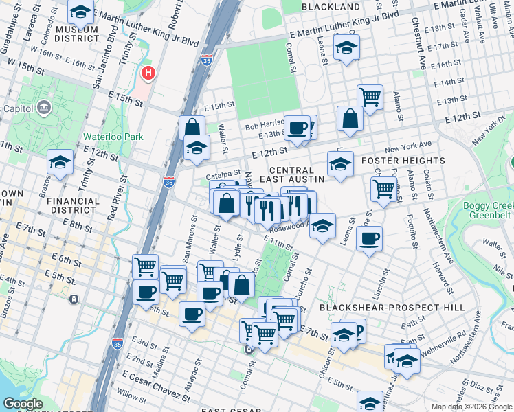 map of restaurants, bars, coffee shops, grocery stores, and more near in Austin