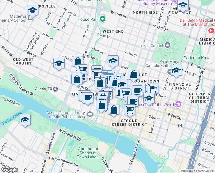 map of restaurants, bars, coffee shops, grocery stores, and more near 619 West 6th Street in Austin