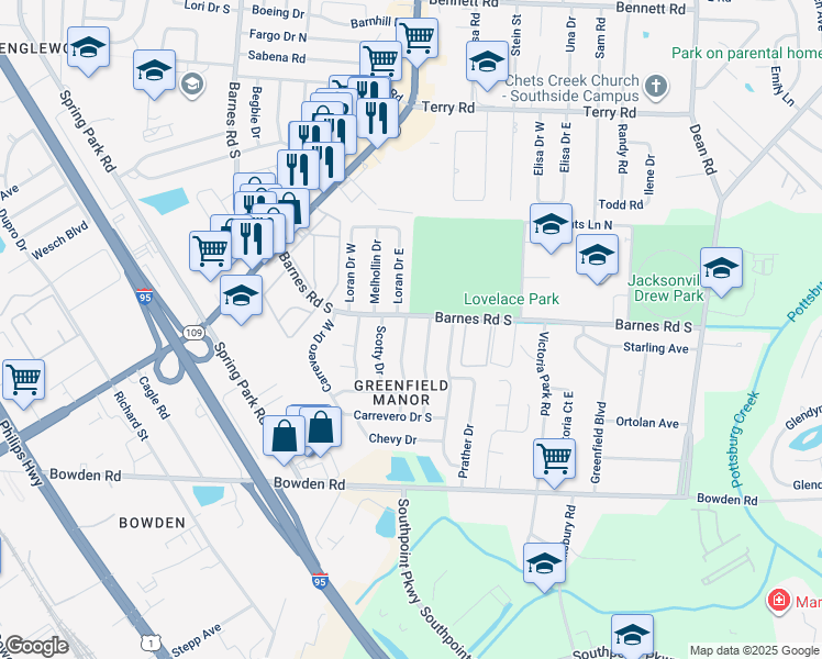 map of restaurants, bars, coffee shops, grocery stores, and more near 3013 Skipper Lane in Jacksonville