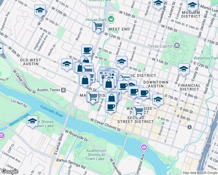 map of restaurants, bars, coffee shops, grocery stores, and more near 715 West 6th Street in Austin