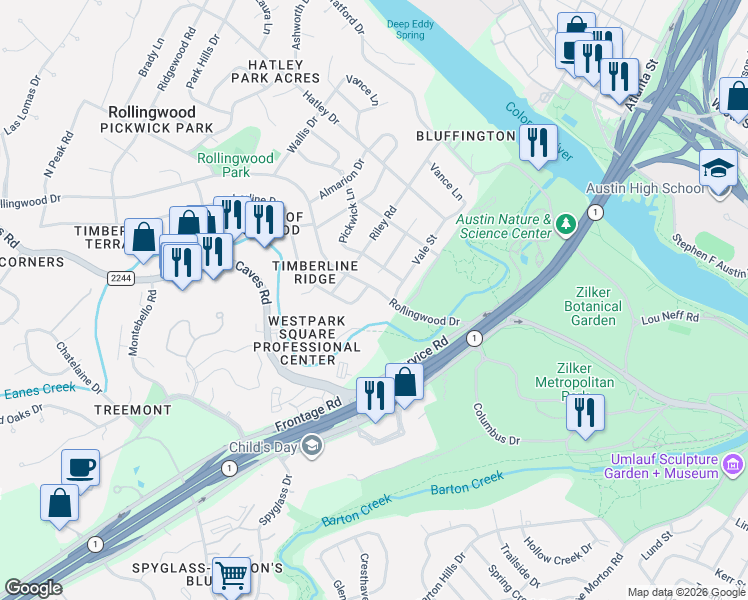 map of restaurants, bars, coffee shops, grocery stores, and more near 2406 Rollingwood Drive in West Lake Hills