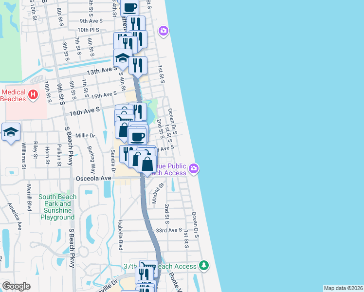 map of restaurants, bars, coffee shops, grocery stores, and more near in Jacksonville Beach