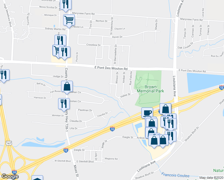 map of restaurants, bars, coffee shops, grocery stores, and more near 209 Winsor Drive in Lafayette
