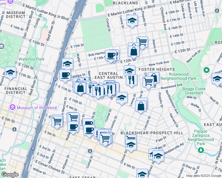 map of restaurants, bars, coffee shops, grocery stores, and more near 1309 Hackberry Street in Austin