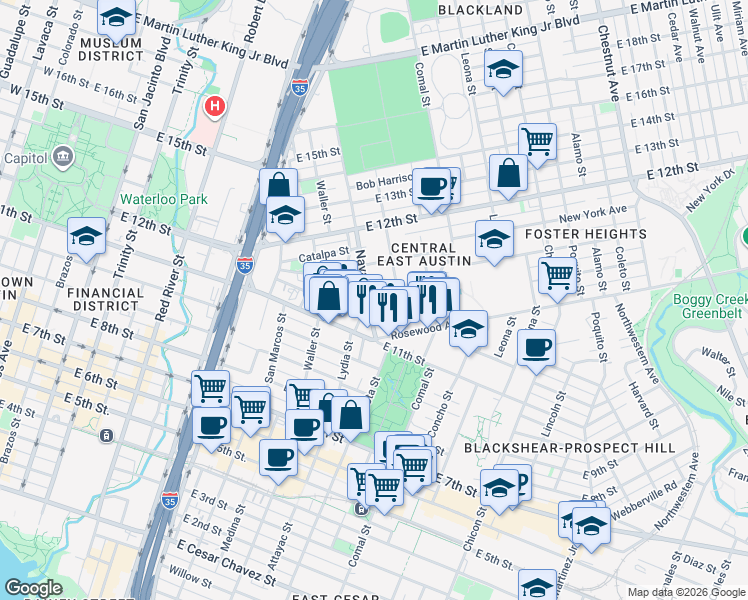 map of restaurants, bars, coffee shops, grocery stores, and more near in Austin