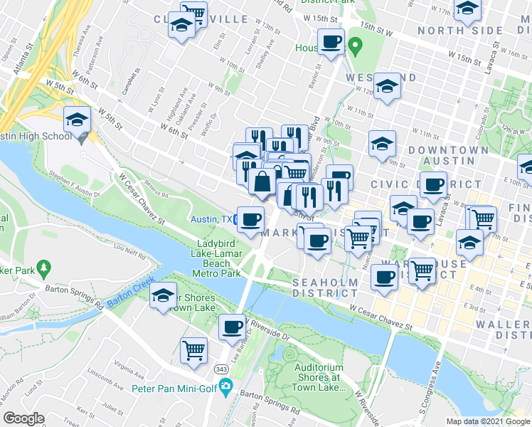 map of restaurants, bars, coffee shops, grocery stores, and more near 1011 West 5th Street in Austin