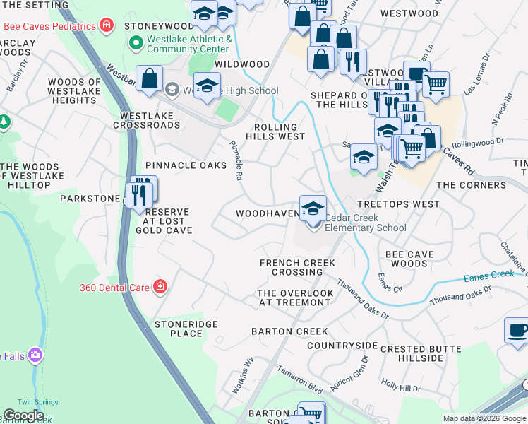 map of restaurants, bars, coffee shops, grocery stores, and more near 3505 Pinnacle Road in Austin