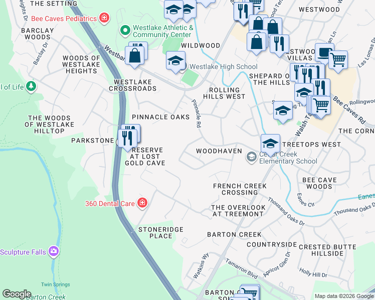 map of restaurants, bars, coffee shops, grocery stores, and more near 3620 Peregrine Falcon Drive in Austin