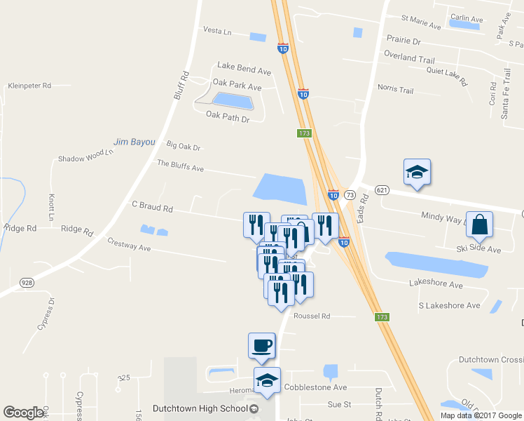map of restaurants, bars, coffee shops, grocery stores, and more near 36506 C Braud Road in Prairieville