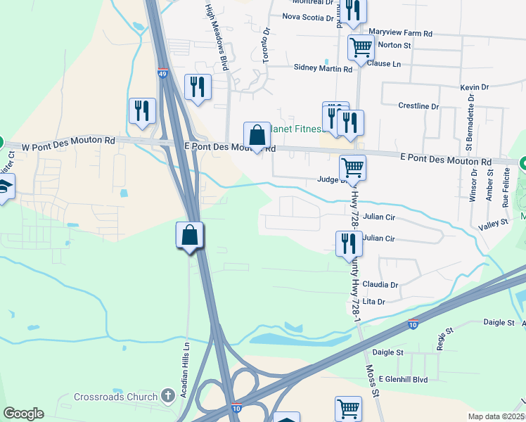 map of restaurants, bars, coffee shops, grocery stores, and more near 300 Van Buren Drive in Lafayette