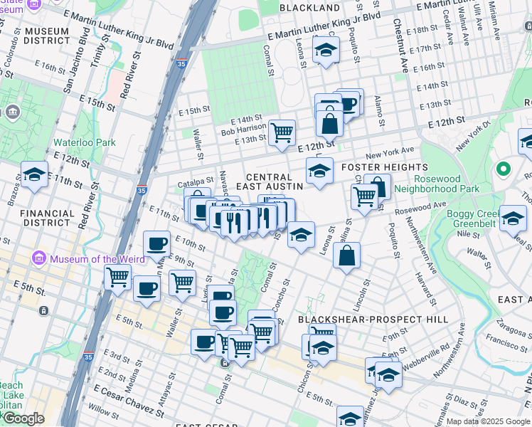 map of restaurants, bars, coffee shops, grocery stores, and more near 1309 Hackberry Street in Austin