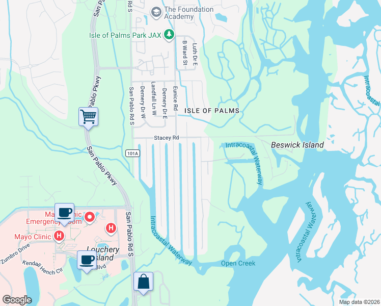 map of restaurants, bars, coffee shops, grocery stores, and more near 4153 Coquina Drive in Jacksonville