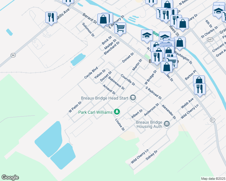 map of restaurants, bars, coffee shops, grocery stores, and more near 721 Begnaud St in Breaux Bridge