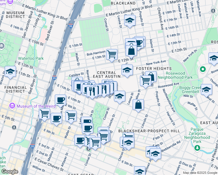 map of restaurants, bars, coffee shops, grocery stores, and more near 1165 Angelina Street in Austin