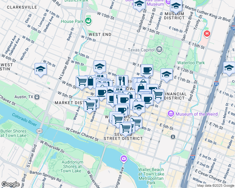 map of restaurants, bars, coffee shops, grocery stores, and more near 612 1/2 Guadalupe Street in Austin