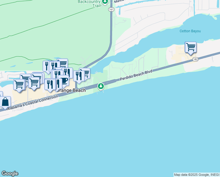 map of restaurants, bars, coffee shops, grocery stores, and more near 26032 Perdido Beach Boulevard in Orange Beach