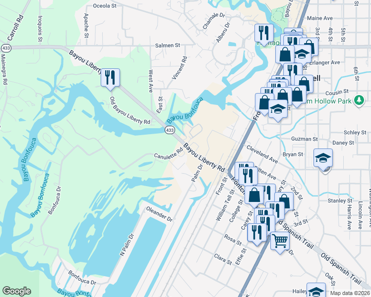 map of restaurants, bars, coffee shops, grocery stores, and more near 354386 Bayou Liberty Road in Slidell