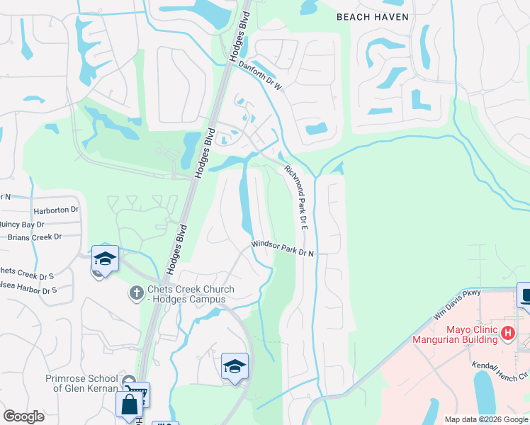 map of restaurants, bars, coffee shops, grocery stores, and more near 4063 Glenhurst Drive North in Jacksonville